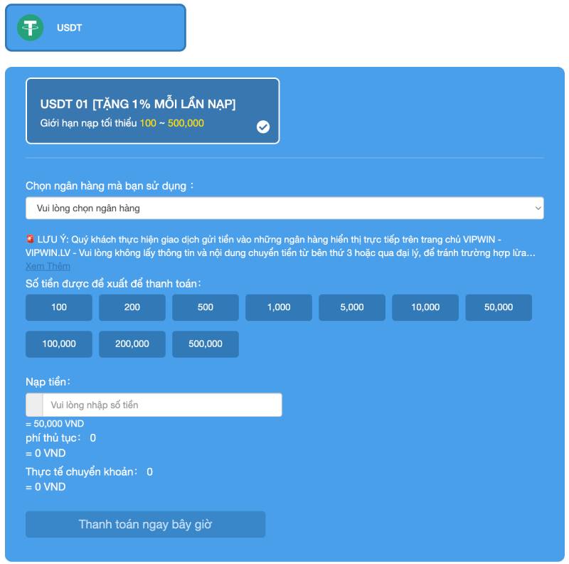USDT – Dành cho game thủ crypto, tặng 1% mỗi lần nạp